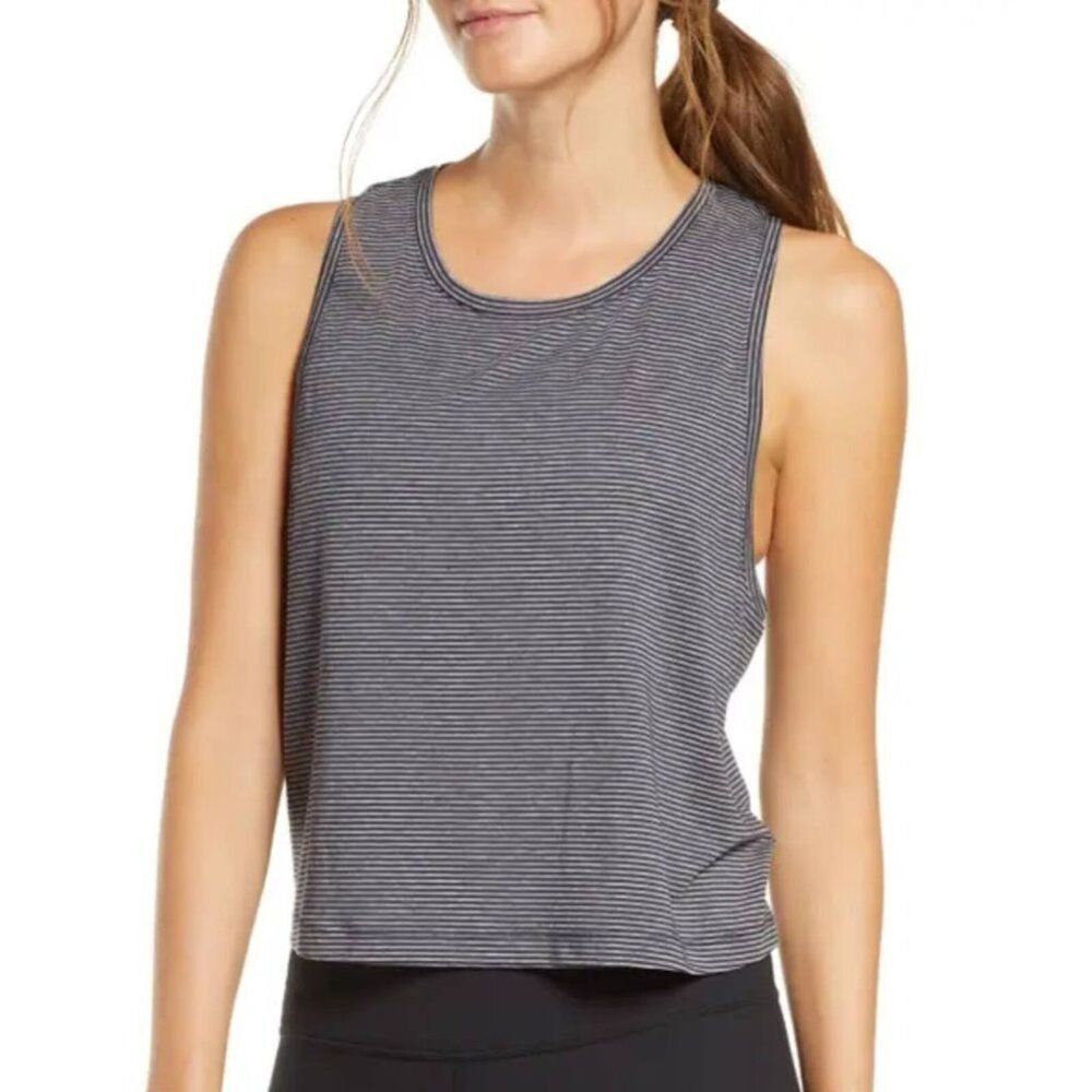 Zella Work For It Stripe Activewear Tank Top Womens XL Gray Cropped Round Neck